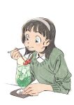  1girl black_eyes black_hair brown_hair cherry collared_shirt cream_soda cup drinking_straw eating food fruit green_sweater hairband highres holding holding_spoon ice ice_cream ice_cream_float ice_cube kariya_(kry_aia) long_sleeves medium_hair original shirt simple_background solo spoon sweater upper_body white_background white_hairband white_shirt 