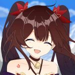  1girl :d absurdres bare_shoulders bell black_choker blue_sky bow brown_hair chest_tattoo choker closed_eyes cloud cloudy_sky collarbone criss-cross_halter day facing_viewer flower_tattoo hair_between_eyes hair_bow halterneck highres honkai:_star_rail honkai_(series) long_hair neck_bell o-ring open_mouth outdoors portrait red_bow sidelocks signature sky smile solo sparkle_(honkai:_star_rail) tattoo twintails umbre 