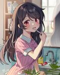  1girl bad_source black_hair blush hair_between_eyes highres holding holding_toothbrush kawashima_yaruki long_hair mirror open_mouth original pajamas pink_pajamas red_eyes solo toothbrush yaruwashi 