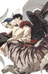  1boy animal_on_arm bird bird_on_arm black_hair black_pants cfeather8 closed_eyes coat grin halo highres horns kim_dokja male_focus monster omniscient_reader&#039;s_viewpoint open_clothes open_coat pants short_hair simple_background smile solo tiger white_background white_coat 