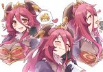  1girl adjusting_hair bodystocking breasts cleavage dragalia_lost dragon_girl dragon_horns ekra euden fang finger_in_own_mouth fingerless_gloves fur_choker gloves hair_between_eyes highres horns large_breasts long_hair multiple_views mym_(dragalia_lost) red_eyes red_hair skin_fang smile solo spoken_character tiara upper_body white_background 