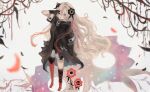  1girl asymmetrical_footwear asymmetrical_legwear black_coat blonde_hair blue_eyes blurry blurry_foreground blush boots closed_eyes coat commentary_request creature familiar flower full_body grey_background hair_flower hair_ornament hair_over_one_eye hand_over_eye high_heel_boots high_heels isekai_joucho kamitsubaki_studio long_hair mismatched_footwear mismatched_legwear multicolored_hair official_art orie_h red_hair shorts simple_background solo streaked_hair very_long_hair virtual_youtuber white_shorts zipper_pull_tab 