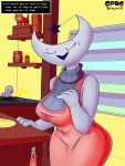 absurd_res annoying_dog_(undertale) anthro breasts clothed clothing crestina_(undertale_yellow) dialogue drasha69 dress eyelashes female hi_res inside kitchen mature_female monster moon open_mouth smile solo sweater text thick_thighs topwear undertale_(series) undertale_yellow