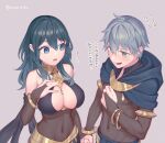  1boy 1girl alternate_costume armlet ashe_ubert bare_shoulders blue_capelet blue_eyes blue_hair blush bodystocking bracelet breasts bridal_gauntlets byleth_(female)_(fire_emblem) byleth_(fire_emblem) capelet cleavage collarbone commentary_request covered_navel cowboy_shot fire_emblem fire_emblem:_three_houses flying_sweatdrops freckles green_eyes grey_hair groin hair_between_eyes halterneck hand_on_own_chest hetero highres holding_hands hood hood_down hooded_capelet jewelry large_breasts long_hair open_mouth orio_(oront1y) short_hair sidelocks simple_background standing translation_request twitter_username 