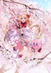  1girl :d angel_wings blonde_hair blue_eyes bow bowtie capelet cherry_blossoms crossover day dress enoki_3106 footwear_bow halo happy hat hat_bow highres kirby kirby_(series) lily_white long_hair long_sleeves looking_at_viewer open_mouth outdoors red_bow red_bowtie smile touhou tree very_long_hair white_capelet white_dress white_footwear white_headwear white_wings wide_sleeves wings 