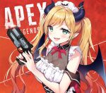  1girl apex_legends ayamy b3_wingman bat_wings blonde_hair bow bowtie breasts cleavage eyebrows_visible_through_hair fang green_eyes gun holding holding_gun holding_weapon hololive horns long_hair looking_at_viewer medium_breasts open_mouth pointy_ears red_background red_neckwear revolver smile solo twintails upper_body virtual_youtuber weapon wings yuzuki_choco 