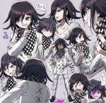  1boy aoki_(fumomo) bangs black_hair blood buttons chair checkered checkered_neckwear checkered_scarf collarbone commentary_request danganronpa_(series) danganronpa_v3:_killing_harmony double-breasted grey_background hair_between_eyes hand_up long_sleeves looking_at_viewer male_focus open_mouth ouma_kokichi pink_blood pink_eyes purple_eyes scarf shaded_face short_hair sitting smile sweat tears translation_request upper_body upper_teeth 