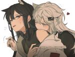  2girls animal_ear_fluff animal_ears arknights bite_mark bite_mark_on_shoulder black_jacket black_nails black_shirt blush dog_tags fur-trimmed_jacket fur_trim grey_eyes grey_hair hair_ornament hairclip heart hug hug_from_behind jacket lappland_(arknights) lappland_(refined_horrormare)_(arknights) long_hair messy_hair multiple_girls nail_polish official_alternate_costume open_mouth seri_(vyrlw) shirt sidelocks simple_background single_off_shoulder sleeveless sleeveless_shirt sweatdrop texas_(arknights) texas_(winter_messenger)_(arknights) upper_body white_background white_hair white_jacket wolf_ears wolf_girl yellow_eyes yuri 