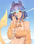  1girl animal_ear_fluff animal_ears bao_(vtuber) bao_(vtuber)_(5th_costume) blue_hair blush cetacean_tail choker cloud commentary crop_top detached_sleeves fins fish_tail food fruit hair_between_eyes highres indie_virtual_youtuber lemon lemon_slice looking_at_viewer midriff multicolored_hair navel octoboo parted_lips red_eyes short_hair sky smile solo streaked_hair symbol-only_commentary tail upper_body virtual_youtuber white_choker 