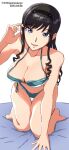  1girl absurdres all_fours amagami bikini black_hairband blue_bikini breasts cleavage collarbone curly_hair dated hairband highres large_breasts long_hair looking_at_viewer mitojyaneeeeyo morishima_haruka open_mouth paw_pose solo swimsuit thigh_gap twitter_username 