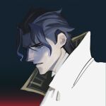  1boy ace_attorney barok_van_zieks black_background black_hair coat highres light_frown looking_at_viewer male_focus parted_lips profile raycrodu_h scar scar_on_face shaded_face short_hair solo the_great_ace_attorney upper_body white_coat 