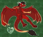 4_fingers 4_toes abstract_background anthro dragon feet felisrandomis fingers green_eyes heel_claw hi_res membrane_(anatomy) membranous_wings mythological_creature mythological_scalie mythology red_body scales scalie smile solo tail tail_tuft teeth toes tuft winged_dragon wings