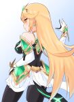  1girl bangs bare_shoulders black_legwear blonde_hair breasts chest_jewel commentary_request dress earrings elbow_gloves gloves highres jewelry large_breasts long_hair mythra_(massive_melee)_(xenoblade) mythra_(xenoblade) paskmel short_dress solo super_smash_bros. swept_bangs thigh_strap tiara very_long_hair white_dress white_gloves xenoblade_chronicles_(series) xenoblade_chronicles_2 yellow_eyes 