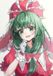  1girl bow frilled_bow frilled_ribbon frilled_sleeves frills front_ponytail gloves green_eyes green_hair hair_bow hair_ribbon highres kagiyama_hina open_mouth puffy_short_sleeves puffy_sleeves red_bow red_ribbon ribbon shironeko_yuuki short_sleeves smile solo touhou upper_body white_gloves 