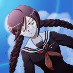  1girl bangs black_hair black_serafuku braid breasts closed_mouth collarbone commentary_request danganronpa:_trigger_happy_havoc danganronpa_(series) day dutch_angle eyebrows_visible_through_hair fukawa_touko glasses long_hair long_sleeves looking_at_viewer medium_breasts mole mole_under_mouth neckerchief purple_hair sailor_collar school_uniform serafuku solo tansug_(tansuk88) twin_braids upper_body 