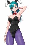 1girl animal_ears aqua_eyes aqua_hair black_leotard bow bowtie breasts bulma commentary_request detached_collar highres leotard long_hair medium_breasts pantyhose playboy_bunny purple_pantyhose rabbit_ears red_bow red_bowtie reikoenji simple_background solo standing strapless strapless_leotard white_background wrist_cuffs 