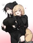  2girls bag belt black_gloves black_hair black_pants black_shirt black_sweater blonde_hair blush brown_pants closed_eyes fingerless_gloves flying_sweatdrops gloves groping hair_between_eyes hair_over_shoulder heart highres holding holding_bag k0ng long_bangs long_hair long_sleeves multiple_girls original pants red_eyes shirt smile sweater sweater_tucked_in swept_bangs turtleneck turtleneck_sweater yuri 