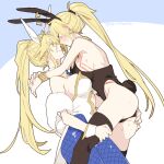  2girls 88_(einnimnech) animal_ears artoria_pendragon_(fate) artoria_pendragon_(swimsuit_ruler)_(fate) ass_grab bare_back bare_shoulders bell black_legwear blonde_hair blush braid breasts crown fake_animal_ears fake_tail fate/grand_order fate_(series) femdom fishnet_legwear fishnets genderswap genderswap_(mtf) gilgamesh_(fate) green_eyes hairband highres jewelry long_hair looking_at_another multiple_girls necklace necktie playboy_bunny ponytail rabbit_ears rabbit_tail red_eyes smile tail thighhighs 