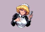  1girl apron aqua_eyes blonde_hair breasts commentary dih_pixels eyelashes eyeshadow freckles frilled_apron frills grabbing_own_breast grey_background gun handgun holding holding_gun holding_weapon irene_sanders long_sleeves looking_at_viewer maid maid_apron maid_headdress makeup pixel_art purple_eyeshadow short_hair smile solo suna_no_bara tongue tongue_out upper_body weapon 