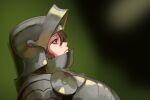  1girl armor bangs black_background blurry brown_hair commentary_request from_side full_armor gradient gradient_background green_background helm helmet highres jiro_(ninetysix) original plate_armor profile solo upper_body visor_(armor) 