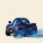  artist_name brown_background car chevrolet chevrolet_corvette chevrolet_corvette_c8 drifting from_behind highres motor_vehicle no_humans original shadow simple_background smoke sports_car vehicle_focus will_pierce 