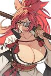  1girl baiken breasts cleavage eyepatch facial_tattoo guilty_gear guilty_gear_strive hifumi_chiyoko highres huge_breasts japanese_clothes kataginu katana kimono long_hair multicolored_clothes multicolored_kimono one-eyed open_clothes open_kimono pink_hair ponytail red_eyes samurai scar scar_across_eye scar_on_face solo sword tattoo weapon 