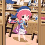  1girl :d alcohol animal_print apron blue_apron blue_headwear blue_shirt bottle bow chibi choko_(cup) cobalta commentary_request cup eyebrows_visible_through_hair fish_print footwear_bow okunoda_miyoi open_mouth pink_hair pink_skirt restaurant sake sake_bottle shirt short_hair skirt smile solid_oval_eyes tokkuri touhou waitress whale_hat whale_print white_footwear 