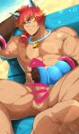  1boy abs bandaid bandaid_on_nose bar_censor bara beach censored completely_nude dark-skinned_male dark_skin erection feet gradient_hair grin highres kuroshinki large_pectorals league_of_legends lying male_focus male_masturbation masturbation medium_hair multicolored_hair muscular muscular_male navel nipples nude official_alternate_costume on_back pectorals penis ponytail red_hair reward_available sand sett_(league_of_legends) smile soles solo spread_legs stomach thick_thighs thighs veins veiny_penis whistle whistle_around_neck 