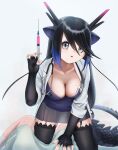  1girl beleven black_dragon_(kemono_friends) black_hair black_thighhighs blue_hair blue_shirt breasts cleavage coat collarbone dragon_ears dragon_girl dragon_tail elbow_gloves extra_ears fingerless_gloves fishnet_gloves fishnet_thighhighs fishnets garter_straps gloves grey_eyes grey_skirt hair_between_eyes highres holding holding_needle kemono_friends kemono_friends_3 lab_coat long_hair multicolored_hair needle open_clothes open_coat pleated_skirt pov shirt short_sleeves shorts sidelocks skirt socks syringe tail thighhighs white_coat white_socks zettai_ryouiki 