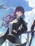  1girl absurdres against_railing animal bird blue_sky blunt_bangs breasts cloud commentary_request dress fern_(sousou_no_frieren) hidulume highres long_hair outdoors purple_eyes purple_hair railing revision sky solo sousou_no_frieren staff white_dress 