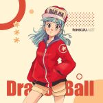  1girl aqua_hair artist_name baseball_cap bulma character_name circle dragon_ball dragon_ball_(classic) hat highres jacket red_jacket rinkuu_art solo standing star_(symbol) 