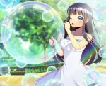  1girl ;o bare_arms bare_shoulders black_hair blue_eyes blue_sky blurry blurry_background blush bow breasts bubble_pipe cloud commentary_request commission day depth_of_field dress fence holding kou_hiyoyo lake long_hair medium_breasts one_eye_closed open_mouth original outdoors skeb_commission sky sleeveless sleeveless_dress soap_bubbles solo tree very_long_hair water white_bow white_dress 