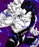 1boy commentary_request dragon_ball dragon_ball_super electricity fighting_stance greyscale_with_colored_background highres muscular muscular_male nipples pants purple_background sekitsuki_hayato solo spiked_hair topless torn_clothes ultra_ego_(dragon_ball) upper_body vegeta white_hair yellow_eyes 