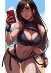  1girl absurdres beach bikini black_bikini breasts brown_hair cellphone cleavage earrings final_fantasy final_fantasy_vii fingerless_gloves gloves highres holding holding_phone inspy_art jewelry large_breasts long_hair ocean phone red_nails sand smartphone smile solo swimsuit tifa_lockhart 