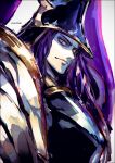  1boy armor black_headwear colored_skin fake_horns fate/grand_order fate_(series) grimace head_tilt helmet horned_helmet horns imagawa_yoshimoto_(fate) japanese_armor k-suwabe long_hair looking_at_viewer looking_to_the_side male_focus purple_hair shaded_face solo upper_body white_skin yellow_eyes 