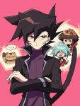  ... 3boys animal animal_ears aoki_(fumomo) aqua_hair bangs black_coat black_hair cat cat_boy cat_ears cat_tail closed_eyes closed_mouth coat crossed_arms duel_academy_uniform_(yu-gi-oh!_gx) glasses hair_between_eyes high_collar long_sleeves male_focus manjoume_jun marufuji_shou multiple_boys open_mouth purple_shirt shirt simple_background spiked_hair tail upper_body yu-gi-oh! yu-gi-oh!_gx yuuki_juudai 