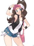  1girl antenna_hair bag baseball_cap black_vest blue_eyes blush brown_hair contrapposto cowboy_shot denim denim_shorts hand_on_headwear handbag hat highres hilda_(pokemon) holding_strap long_hair pokemon pokemon_(game) pokemon_bw ponytail ririmon shorts simple_background sleeveless smile solo tank_top thighs vest white_background white_tank_top wristband 