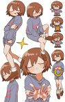  1other :| =_= androgynous between_legs blue_shorts blue_sweater blush_stickers brown_footwear brown_hair child closed_eyes closed_mouth facing_viewer flower_wreath frisk_(undertale) from_side full_body hand_between_legs hand_on_own_arm highres holding holding_wreath invisible_chair leg_warmers long_sleeves multiple_views no_nose open_mouth other_focus outline shoes short_hair shorts simple_background sitting smile sparkle standing sweater tadeno undertale upper_body white_background white_outline 