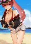  1girl baseball_cap beach bikini bikini_under_clothes black_jacket breasts cleavage commentary_request dolphin_shorts earrings grin hat heterochromia high_ponytail highres hololive houshou_marine jacket jewelry large_breasts long_hair mi-nu necklace off_shoulder ponytail red_bikini red_hair shorts smile solo swimsuit thigh_strap twitter_username virtual_youtuber zipper 