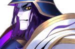  1boy armor colored_skin fate/grand_order fate_(series) frown grimace helmet imagawa_yoshimoto_(fate) japanese_armor long_hair looking_at_viewer male_focus nakuta portrait purple_hair shaded_face sideways_glance solo v-shaped_eyebrows white_skin yellow_eyes 