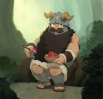  1boy absurdres bare_shoulders beard brown_hair bush dungeon_meshi dwarf eating expressionless facial_hair fake_horns food food_on_face full_body helmet highres holding holding_food holding_spoon horned_helmet horns log long_beard looking_at_viewer male_focus nature romana senshi_(dungeon_meshi) sitting solo spoon thick_mustache toned toned_male tree very_long_beard 