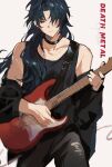  1boy black_hair black_pants black_shirt blade_(honkai:_star_rail) closed_mouth cowboy_shot d-aprken electric_guitar english_text guitar highres holding holding_guitar holding_instrument honkai:_star_rail honkai_(series) instrument jacket jacket_partially_removed long_hair male_focus pants red_eyes shirt simple_background solo standing tank_top white_background 