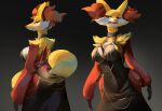 absurd_res anthro austinarts4 big_breasts breasts canid canine clothed clothing delphox dress female fur generation_6_pokemon hi_res inner_ear_fluff mammal nintendo pokemon pokemon_(species) red_body red_eyes red_fur simple_background solo tail tuft white_body white_fur yellow_body yellow_fur