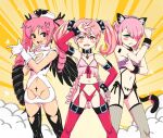  3girls \n/ animal_ear_hairband animal_ears australopitecoi babydoll black_eyes black_wings blue_eyes blush bracelet breasts cat_ears cat_tail character_request chiyoda_momo choker cleavage color_connection commentary copyright_request crossover dark_persona double_\n/ drill_hair dust_cloud fake_animal_ears fake_tail fishnet_thighhighs fishnets garter_belt garter_straps gloves hair_color_connection hair_over_one_eye hairband hanabishi_haruka hat heart heart-shaped_pupils highres jewelry long_hair machikado_mazoku magia_magenta_(la_verita) mahou_shoujo_ni_akogarete medium_hair multiple_girls navel nurse_cap open_mouth pink_eyes pink_hair posing pubic_tattoo revealing_clothes simple_background small_breasts smile spanish_commentary spiked_bracelet spikes symbol-shaped_pupils tail tattoo teeth thighhighs trait_connection tsuki_ni_kawatte_oshioki_yo twintails upper_teeth_only v wings wrist_cuffs 
