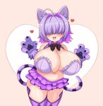 1girl ahoge animal_ears animal_hands bare_shoulders bell blush bow bowtie breasts cheshire_cat_(monster_girl_encyclopedia) cheshire_cat_(monster_girl_encyclopedia)_(cosplay) claw_pose cleavage commentary_request cosplay cowboy_shot dot_nose elegg_(nikke) facing_viewer gloves goddess_of_victory:_nikke hair_intakes hair_over_eyes heart heart_background highres huge_breasts jingle_bell long_bangs medium_hair miniskirt multicolored_hair nav_(itsnav) navel neck_bell open_mouth pleated_skirt plump purple_gloves purple_hair purple_skirt purple_tail purple_thighhighs skirt solo striped_tail tail thick_thighs thighhighs thighs two-tone_hair white_background 