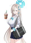  1girl absurdres asuna_(blue_archive) bag black_skirt blue_archive blue_bow blue_bowtie blue_eyes blue_halo blue_ribbon blue_scrunchie blush bow bowtie breasts cleavage cowboy_shot dori_(choejeongmin7) drink drinking_straw grin hair_ribbon halo highres holding holding_drink large_breasts light_brown_hair long_hair pleated_skirt ribbon school_bag scrunchie simple_background skirt smile solo white_background wrist_scrunchie 