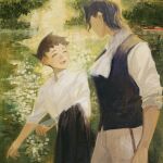  2boys :d ace_attorney ascot barok_van_zieks black_hair black_jacket black_vest brown_hair closed_eyes collared_shirt highres holding holding_clothes holding_jacket jacket looking_at_another male_focus multiple_boys nature non-web_source open_mouth outdoors painterly pants ryunosuke_naruhodo shirt short_hair sleeves_rolled_up smile standing the_great_ace_attorney unworn_jacket vest white_ascot white_pants white_shirt 