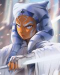  1girl ahsoka_tano alien blue_eyes colored_skin energy_sword fingerless_gloves frown gloves highres holding_lightsaber light_particles lightsaber looking_at_viewer motion_blur noush orange_skin portrait reverse_grip robe solo star_wars star_wars:_ahsoka sword togruta v-shaped_eyebrows weapon white_gloves white_robe 