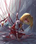  1girl 33_gaff ascot blonde_hair commentary crystal_wings flandre_scarlet full_body grey_background looking_at_viewer one_side_up red_eyes red_skirt red_vest short_sleeves skirt socks solo touhou vest white_socks yellow_ascot 