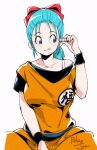  1girl :q artist_name bare_shoulders blue_eyes blue_hair bow bra_strap breasts bulma capsule dougi dragon_ball english_commentary hair_bow hand_up hoi-poi_capsule holding large_breasts medium_hair mixed-language_commentary off_shoulder ponytail red_bow relaxjon short_sleeves sideways_glance signature simple_background sitting smile solo tongue tongue_out toriyama_akira_(character) upper_body white_background wristband 